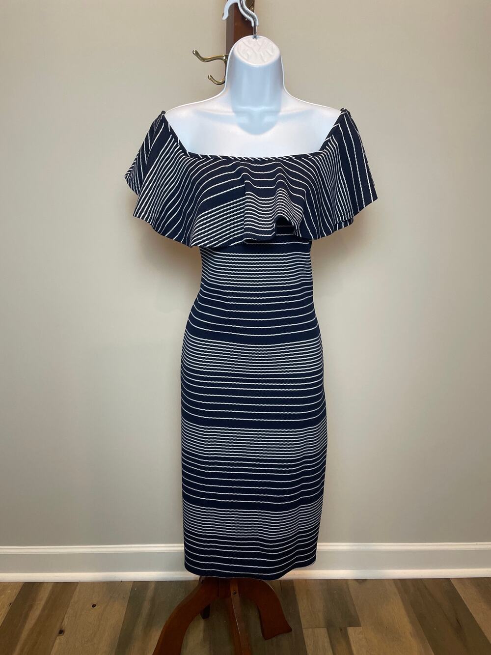 Romeo & Juliet Couture Nautical Bodycon Dress Size L Navy White Ruffle Detail